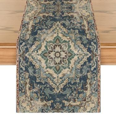 Imagem de Caminho de mesa azul estilo boêmio boêmio, vintage elegante casa de fazenda centro decoração de linho, casa de fazenda rústica rústica mágica cozinha de inverno decoração de mesa de jantar para