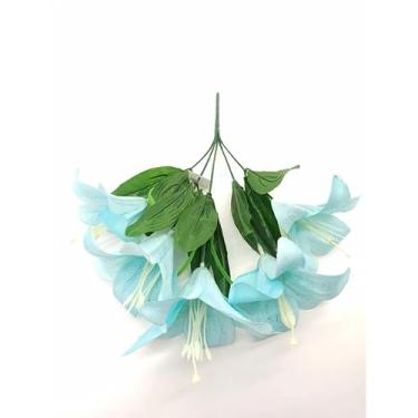 Imagem de Buquê de Lírio Artificial com 5 Flores – Galho Decorativo 33cm para Arranjos, Festas e Decoração de Casa (Cores Diversas)(azul tiffany)