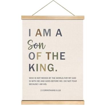 Imagem de You found a duck Arte de parede cristã - I Am a Son of the King - Pôster de linho com versículo da Bíblia, 35,5 x 46,5 cm, decoração de parede religiosa para igreja, quarto de menino, sala de oração