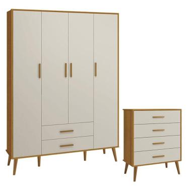Imagem de Cômoda Gaveteiro e Guarda Roupa Infantil Isis 4 Portas Giratórias 4 Gavetas em MDF Bege Areia Acetinado Savana