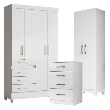 Imagem de Guarda Roupa Infantil Sobral Com Cômoda Ms913 E Armário Multiuso New íris Branco Brilho - Moval