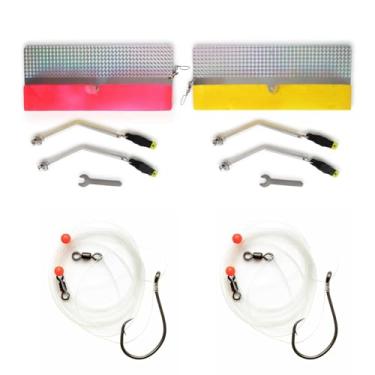 Imagem de Kit de plaina UMT – Tábuas verde-limão e rosa com acabamento holográfico + 2 plataformas com ganchos 8/0 em fluorocarbono de 30 ib – água salgada e doce para robalo listrado, peixe-gato, salmão