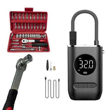 Imagem de Kit Jogo de Catraca Soquete 46 Peças Mini Compressor de Ar Portátil Ki