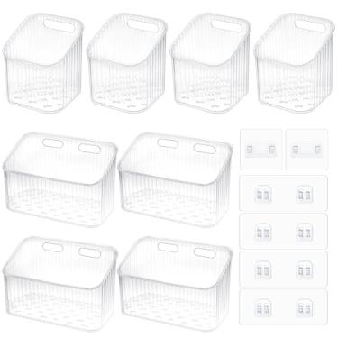 Imagem de 8 peças de cesta de parede transparente, organizador de porta de armário de parede com gancho autoadesivo, caixa de recipientes grandes para banheiro, cozinha, despensa, bancada, sem prateleira de