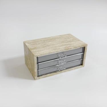 Imagem de Artisanal Abode Caixa de joias travertino natural com organizadores de 2 ou 3 gavetas, armazenamento forrado de veludo para anéis e colares (pequeno-3)