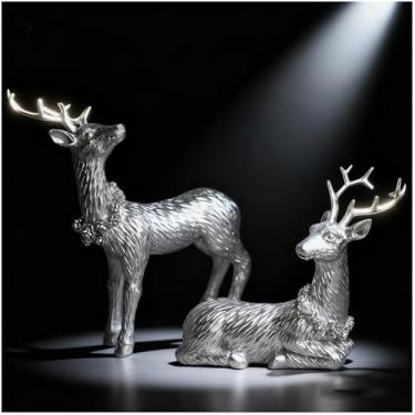 Imagem de 2 peças de enfeites de resina de cervo de pinha, enfeite de veado de Natal, enfeite de alce, decoração de casa, perfeito para melhorar a atmosfera festiva (prata)