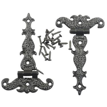 Imagem de Unlorspy 4 peças de dobradiças de porta medievais pretas antigas, 11,3 cm x 6,9 cm, dobradiças com alça em T, ferragens esculpidas retrô para porta/portão de celeiro