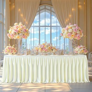 Imagem de Toalhas de mesa de cetim marfim de 2,3 m para mesas retangulares – Capa de mesa de festa de elastano brilhante com saia de mesa plissada, toalha de mesa de casamento sem rugas e brilhante, peça única