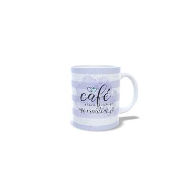 Imagem de Caneca de Cerâmica Preguiçosa, Design Café da Manhã, Branca com Listras Azuis, Ilustração Fofa, 325ml (12885)