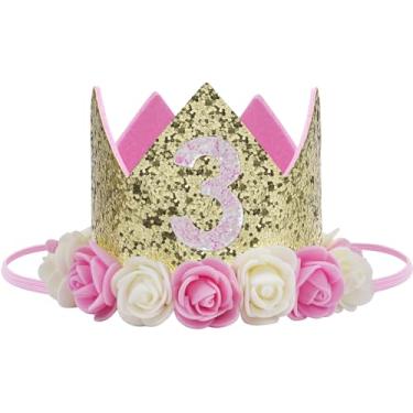 Imagem de Bebê Princesa Tiara Coroa, chapéu de aniversário de menina/criança com flor dourada cintilante e rosas artificiais (coroa de terceiro aniversário)