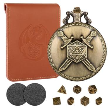 Imagem de Mini DND Dice Set with Bronze Fighter Double Swords Pocket Watch Case, Gift with D&D Dice Bag, 7pcs Polyhedral Metal Dice Set, DND Starter Set, RPG Tabletop Games Accessories, Gifts for Men﻿