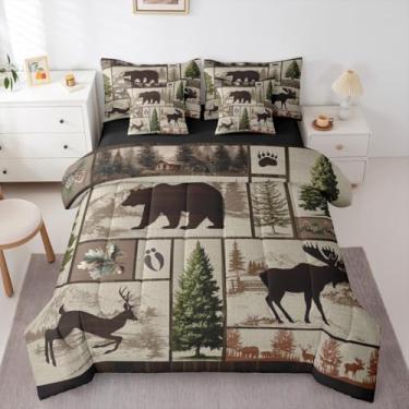 Imagem de Conjunto de cama queen rústica de cabana em uma bolsa, 7 peças, conjunto de cama de veado de fazenda para crianças e adultos com estampa de animais selvagens, pinho e patchwork, para crianças e