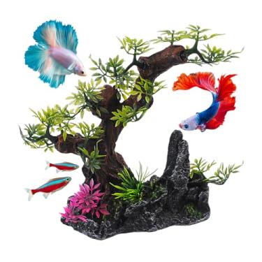 Imagem de MUYG Decoração de árvore de bonsai de aquário, decorações de aquário vista de rocha de resina com acessórios de plantas artificiais, ornamentos de peixe dourado Betta, decoração de água doce e salgada