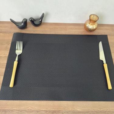 Imagem de Jogo Americano Retangular PVC Trama Lavável Flexível Mesa Posta PVC 45x30cm Descanso de Prato (6, PRETO)
