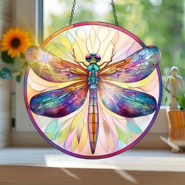 Imagem de Acrílico colorido Suncatcher, apanhador de sol estilo vitral impresso libélula com reflexos de arco-íris, decoração de janela suspensa, decoração de parede, ornamentos de Natal uso interno e externo