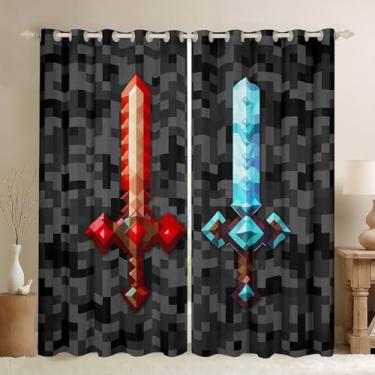Imagem de Castle Fairy Cortina para decoração de sala de estar com espada azul vermelha e azul, cortina de janela para jogos de construção de caixa de areia, para meninos, adolescentes, estilo pixelado
