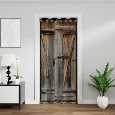 Imagem de Cortina de porta de celeiro de madeira gasta rústica vintage tábuas de madeira rústicas com estampa de casa de fazenda para decoração de quarto e sala de estar 84 x 203 cm, 1 painel