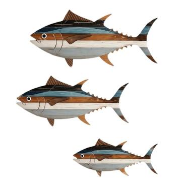 Imagem de mwpqbd Decoração de parede de madeira reutilizável arte oceânica para escritório doméstico hotel apartamento adesivos de parede 3 peças (atum)