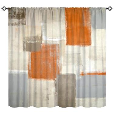 Imagem de Cortina geométrica abstrata laranja, cortinas de janela de arte moderna rústica vintage para quarto, sala de estar, casa, 106,7 cm L x 114,3 cm C (sem apagão)