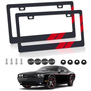 Imagem de Compatível com moldura de placa de licença Dodge de fibra de carbono 15 cm x 30 cm com parafusos para decoração de capas de suporte de etiqueta de carro. (TanXW-D-Q-red)
