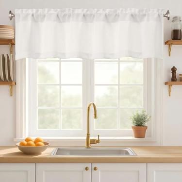 Imagem de Ebesto Saia marfim para janelas de 35,5 cm de comprimento, filtro de luz de linho falso de serapilheira moderna com dois bolsos para varão, sanefa curta para cozinha, banheiro, porão, 1 peça, 152 cm L