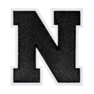 Imagem de 1 PÇ Patch de letra de chenille preto de 11,4 cm com borda branca – Remendos do alfabeto para roupas, jaquetas, mochilas, chapéus para decoração personalizada, nome personalizado e artesanato. (N)