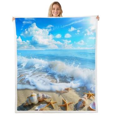 Imagem de Erosebridal Cobertor de lã de ovelha Ocean Beach Queen 90 x 90 Ondas do Mar Estrela do Mar Cobertor de lã paisagem tropical felpudo pelúcia manta paisagem costeira azul branco decoração