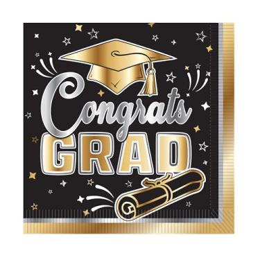 Imagem de Beistle Guardanapos de almoço de formatura – Pacote com 32, guardanapos de papel de duas camadas "Congrats Grad" com tampa e design de diploma em preto, ouro e prata para festas de graduação, eventos