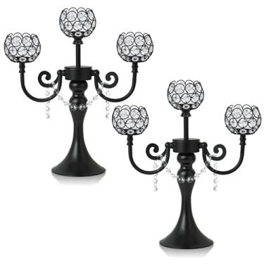 Imagem de Candelabro de metal dourado de 3 braços com tigelas de cristal, suporte de chá de mesa central para aniversário, mesa de jantar, decoração de festa, Natal e decoração de casa (2, preto)