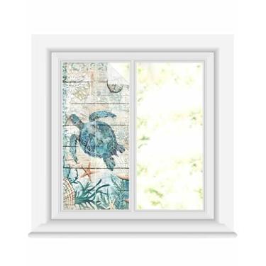 Imagem de Película de privacidade para janela de tartaruga marinha verde azul-petróleo oceano turquesa decorativa vitral quadro náutico texturizado adesivo para porta, 45 cm x 99 cm blackout para janelas