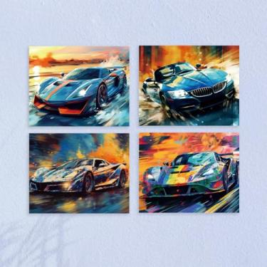 Imagem de 4 peças fantásticas decoração de parede de carro sem moldura pintura artística supercarro pôster arte para paredes, aquarela respingo carro garagem decoração de parede impressões modernas para meninos