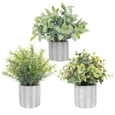 Imagem de HOFMEFY Pequenas plantas falsas em vasos de concreto, decoração de banheiro de fazenda, peças centrais rústicas para decoração de mesa, prateleiras, eucalipto falso, conjunto de 3