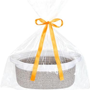 Imagem de Cesta pequena de tecido com saco de presente e fita, cesta pequena fofa de 30,5 cm x 20,3 cm x 12,7 cm, cesta de armazenamento de prateleira de sala de corda, caixa de baú de cesta, cesta de presente