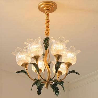 Imagem de Lustre Pastoral Francês com Flores Americanas - Luminária Pendente Decorativa LED para Sala de Estar, Restaurante, Quarto, Villa, Café, Loja de Roupas e Casa (J 6 Lâmpadas)