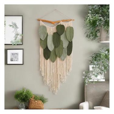 Imagem de Macrame Wall Hanging Tapeçaria de parede artística tecida à mão com folhas verdes, mural decorativo para cabeceira de cama na sala de estar de uma casa de família.(60x115cm/23.6x45in)