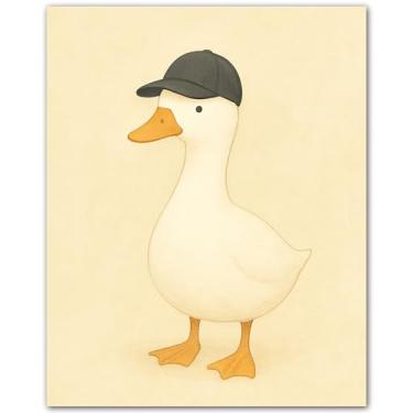 Imagem de ZUKIY Ganso minimalista com boné de beisebol - Decoração de parede de ganso para quarto de crianças, berçário ou sala de jogos - Pôster de arte de parede Silly Goose para meninos e meninas, decoração