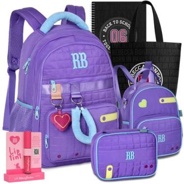 Imagem de Kit Mochila RB Rebecca Bonbon Pelúcia Estojo Lancheira Juvenil, Roxo