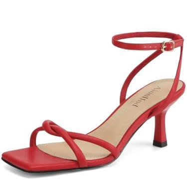 Imagem de AIUNIIND Sandálias femininas quadradas, bico aberto, salto gatinho, tiras no tornozelo, sandálias femininas confortáveis para festas, Vermelho, 40