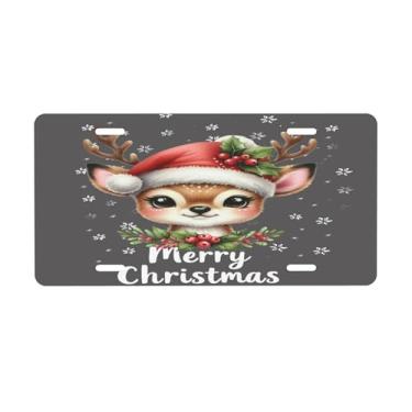 Imagem de Adorável placa de licença de alce de Natal para a frente do carro placas de carro metal de alumínio adequado para placa de porta de caminhão bar café acessórios automotivos para homens mulheres 15 x