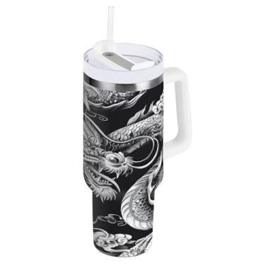 Imagem de xigua Copo vintage com estampa de dragão de 850 g com tampa e canudo, aço inoxidável de vácuo duplo isolado garrafa de água esportiva suporte para copo de café de viagem à prova de vazamento para