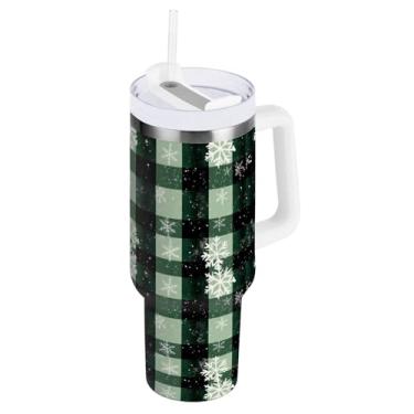 Imagem de Blueangle Copo xadrez de búfalo preto de 850 g com alça e tampa de palha, copo isolado reutilizável de aço inoxidável garrafa de água caneca de viagem (171)