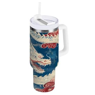 Imagem de xigua Copo vintage com estampa de dragão 1,134 g com tampa e canudo, aço inoxidável de vácuo duplo isolado garrafa de água esportiva suporte para copo de café de viagem à prova de vazamento para