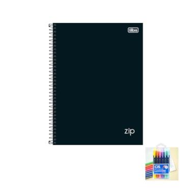 Imagem de Kit Caderno Universitário Tilibra Capa Dura Preto 10 Matérias + Caneta Esferográfica Cis + Marca Texto Lumini Gel
