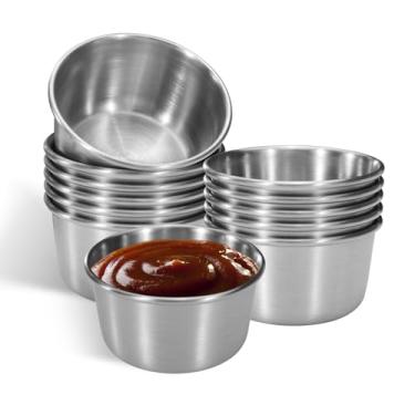 Imagem de Huakaile 12 peças de copo de molho de aço inoxidável de 59 ml, mini tigelas de molho, copos de condimento de metal reutilizáveis, recipientes de ramequins para molho de ketchup, festa em casa