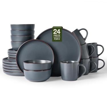 Imagem de Famiware Conjuntos de pratos e tigelas de mercúrio com canecas, 24 peças de louça de grés, conjunto de pratos para 6 pessoas, pode ir ao micro-ondas e à lava-louças, carvão
