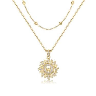 Imagem de MEIITRUE Colar com inicial de girassol para mulheres, moderno, banhado a ouro 14 k, delicado, em camadas, com pingente de letra e corrente de contas, zircônia redonda, alfabetos, joias, presentes para