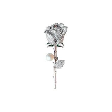 Imagem de Anmpab Broche de flor rosa brilhante com strass luxuoso cristal floral pérola broche para mulheres casamento noiva joias para blazer vestido cachecol chapéu, Large, Metal, Sem Pedra Preciosa