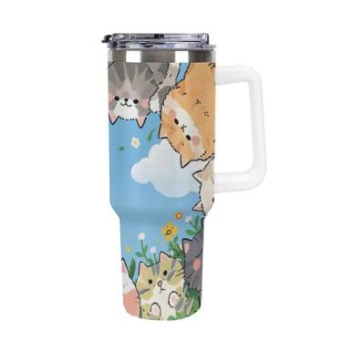 Imagem de Copo de café fofo de 1,134 g para carro de gato copo Stanley de grande capacidade copo de aço inoxidável isolado a vácuo selado para suporte de copo de carro e ao ar livre à prova de vazamento e