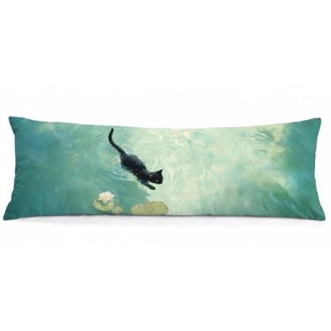 Imagem de WARDOS Capa de almofada de corpo com pintura artística de gato preto, 50 x 132 cm, decoração estética de gatos, capas de travesseiro de corpo longo para quarto, natação elegante, decoração de gato