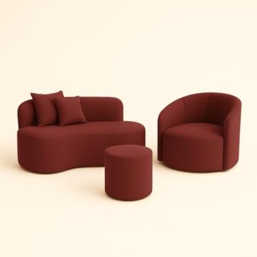 Imagem de Conjunto 01 Poltrona + Sofá e 1 Puff Curvo Orgânico Nature Gaia Sued Bordô - Montanaris Decor